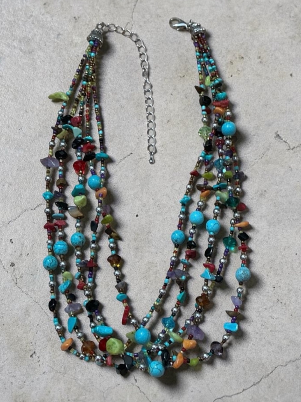 Turquoise Amethyst Tiger Eye Native American Beaded 5 Strand Necklace